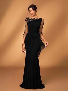 Serin 优雅奢华刺绣蕾丝透明长袖弹力针织网眼褶饰荷叶边美人鱼下摆连衣裙，适合婚礼、派对、度假、庆典、新娘送礼会