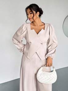 Firerie Bộ đồ công sở mới cho quý cô đi làm, tay bồng, hở trước, cài nút kim loại, tay dài và quần ống rộng, giúp thon gọn và dài ra, bộ đồ 2 món cỡ lớn, bộ đồ 2 món màu mơ thanh lịch dành cho nữ, bộ đồ 2 món trang trọng, bộ đồ 2 món sang trọng - Màu be - Xem 1