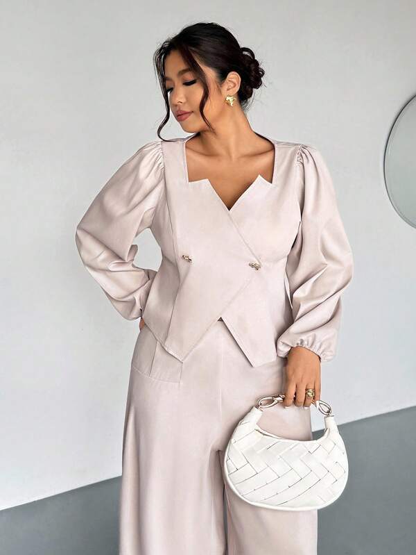 Firerie بدلة رسمية نسائية مكونة من قميص بأكمام منتفخة وأمام مفتوح مع أزرار معدنية وبنطال ساق واسعة، مناسبة للمناسبات والعمل، تأثير نحيف ومطول، مقاسات كبيرة، مجموعة قطعتين بلون المشمش، بدلة أنيقة مكونة من قطعتين