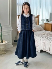 Dazy Kids 2pcs Tween Girls Sleeveless Round Neck Tank Top And Elastic Waist Pleated Skirt Set - Blue - View 6