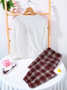 Genkimix Kids Girls Pajamas Sleepwear Set, Bow Embroidered Top + Plaid Pants, Loose Fit, Comfortable & Sweet Home Outfit For Spring & Autumn Fall Winter - Red and White - View 2