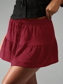 MISSGUIDED 层叠亚麻质感迷你裙 A字高腰夏季节日伞裙飘逸喇叭下摆沙滩假日派对休闲短裙圣诞节 - 酒紅色 - 查看 3