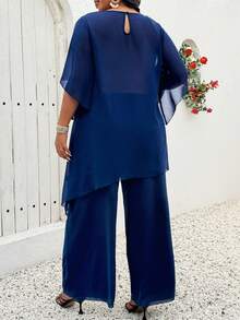 SHEIN CURVE+ 大码休闲宽松拼接雪纺袖上衣和松紧腰裤套装 - 藍色 - 查看 2