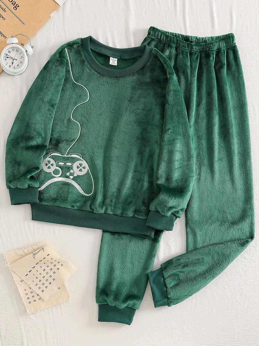 2pcs/Set Boys Plush Green Casual Loose Soft Long Sleeve Top And Pants Pajama Set Gamer Boys Jogger Sets Fall Winter - Green - View 1