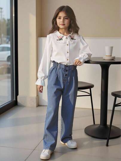 Tween Girl Paperbag Waist Pocket Patched Tapered Jeans, School, Campus, College Summer Holiday