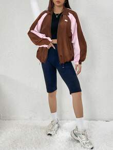 SHEIN EZwear 秋季拼色插肩袖抽绳下摆拉链风衣夹克 - 彩色 - 查看 5