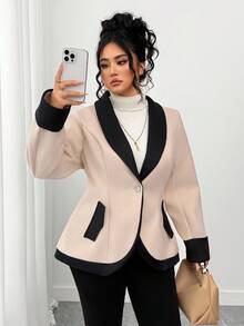 Elenzga Abrigo de cintura de contraste de estilo retro y elegante para mujeres de talla grande, prenda de vestir de otoño para mujeres - Albaricoque - Ver 5