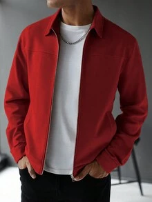 Manfinity Homme 男士简约纯色口袋长袖夹克，适合日常穿着；男士红色拉链夹克；男士拉链夹克；男士休闲夹克；秋季 - 紅色 - 查看 3