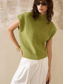 INAWLY Women's Solid Color Turtleneck Ribbed Knit Elegant Sleeveless Sweater - Olive Green - View 4