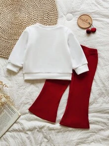 SHEIN Vintaside Kids 杏色字母印花长袖上衣搭配棕色喇叭裤两件套，可爱舒适的女宝宝卫衣套装，适合春秋冬季穿着。 - 紅色 - 查看 2