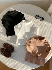 SHEIN 3pcs Baby Boy Turtleneck Long Sleeve Base Layer,Thermal Lined Winter Basics For Back-To-School,Black And White Solid Casual Tops For Carrer Day - Multicolor - View 5