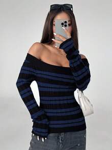 Flirla 女款休閒性感時尚哥德風對比條紋露肩修身套頭針織衫 夜黑 秋季 - 藏蓝色 - 查看 6