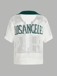 SHEIN PETITE 女士休闲镂空针织短袖上衣，假日，夏季，外出上衣，复古女式上衣，学院风上衣，沙滩，度假，绿白配色，欧洲夏季，街头风，图案T恤，秋季 - 白色 - 查看 2