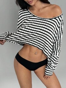 SHEIN MOOSTA 女士休闲宽松条纹不对称肩部短款蝙蝠袖T恤 - 黑與白 - 查看 3