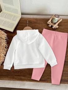 女婴可爱简约手绘心形图案米色针织柔软连帽宽松长袖卫衣和裤子套装，适合秋冬季 - 彩色 - 查看 2