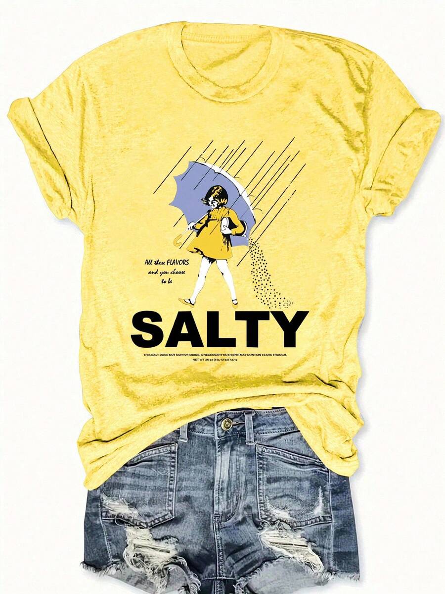EMERY ROSE Plus Size Salty With Umbrella Graphic Tee - Vintage Style Summer Beachwear For Women, Perfect For Vacation And Everyday Wear, Ed T-Shirt - Yellow - View 1