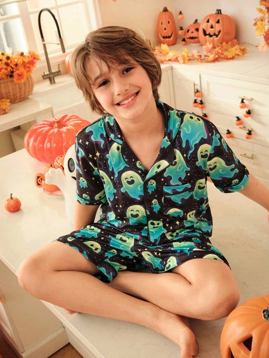 Tween Boy Halloween Ghost Print Pajama Set Kids Pajama Set Boys Halloween Pajamas Kids Halloween Pajamas Halloween Pajamas Ghost Pajamas - Multicolor - View 1
