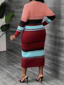 秋冬大码女式优雅条纹紧身针织开衫毛衣裙 - 彩色 - 查看 2