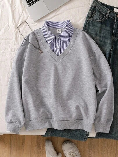 青少年女孩休闲韩版宽松二合一蓝灰条纹衬衫和运动衫，适合返校、学生、通勤