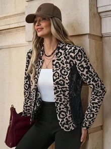 SHEIN Clasi Minimalist Fashionable Leopard Print Lace Patchwork Thin Jacket, Spring/Autumn - Multicolor - View 6