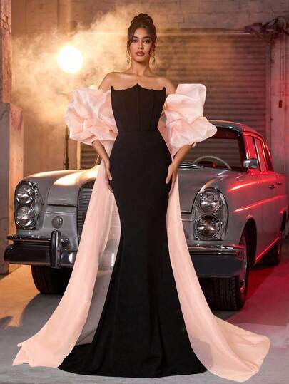 Glamrae Robe de soirée élégante à contraste de couleurs, col asymétrique tricoté ajusté, ourlet sirène (2 pièces détachables), volants 3D exagérés de couleur contrastée, ornée de sequins