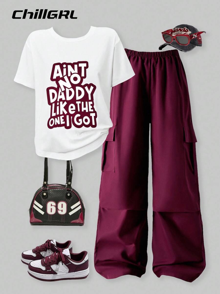 2件套少女图案印花休闲套头T恤和贴袋工装裤 - 酒紅色 - 查看 1