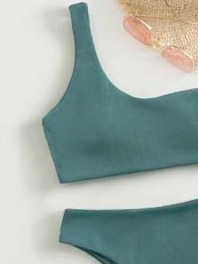 Swim Basics Rib One Shoulder Bikini Set,Summer Beach