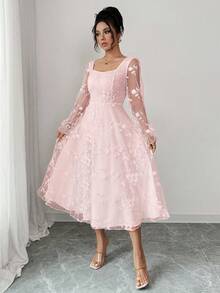 Rafferiza Elegant Lace Jacquard Dress - Pink - View 4