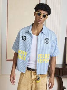 SWAVVY Men's Striped & Letter Print Casual Versatile Short Sleeve Shirt - Blue and White - View 4