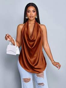 SOLERSUN Áo vest dệt vải dệt kim cổ chữ V sâu màu mơ bóng dành cho nữ mùa xuân và mùa hè, áo vest hở lưng, cổ bẻ, viền cong - Rỉ Nâu - Xem 7