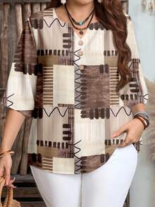 EMERY ROSE Casual Minimalist Brown Textured Plaid Patchwork Print Plus Size Button-Up Shirt, Suitable For Autumn Chic Blouses Women,Flower/Spring/Summer/Vacation - Multicolor - View 3
