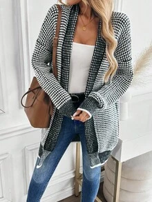 EMERY ROSE New V-Neck Mixed Yarn Multi-Color Cardigan, European And American Elegant Versatile Minimalist Fashion Knit Top - Black - View 6