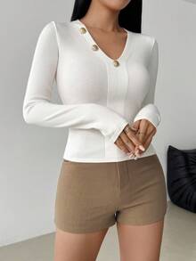 Celisse White Sexy V-Neck Knit Sweater Top For Women, Elegant Style, New Autumn/Winter Design Fall Cloth For Women
