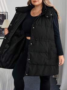 SHEIN CURVE+ Áo khoác mùa đông có mũ trùm đầu màu trơn cỡ lớn, tay dài dày dặn, áo khoác mùa đông/Mùa thu/Mùa đông - màu đen - Xem 7