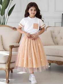 2pcs Tween Girls Sequins Decor Round Neck Short Sleeve Top Tee And Elegant Sparkly Mesh Skirt Set, Spring And Summer,Holiday,Summer,Travel Summer Holiday