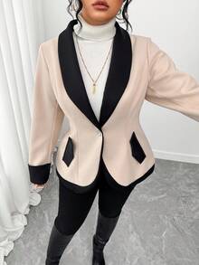 Elenzga Abrigo de cintura de contraste de estilo retro y elegante para mujeres de talla grande, prenda de vestir de otoño para mujeres - Albaricoque - Ver 6