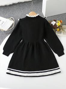 SHEIN 青少年女孩时尚黑色针织长袖毛衣裙，秋冬休闲针织裙 - 黑色 - 查看 3