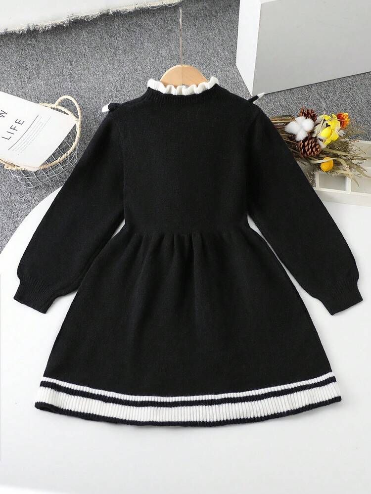 SHEIN 青少年女孩时尚黑色针织长袖毛衣裙，秋冬休闲针织裙 - 黑色 - 查看 3