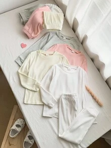 8件套女童针织圆领长袖休闲百搭叠穿上衣，多种颜色可选（灰色、粉色、白色、黄色） - 彩色 - 查看 1