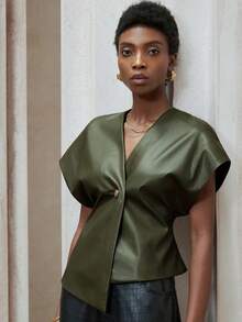 Aveloria Modichic V领不对称剪裁PU面料优雅通勤背心夹克 - 綠色 - 查看 5