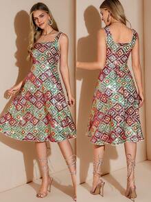 Amorya 女士新款优雅高端串珠方领收腰 A 字裙，适合派对和多种场合 - 彩色 - 查看 9