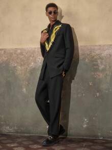 AKNOTIC 2pcs Men's Woven Casual Loose Fit Long Sleeve Jacket And Straight Leg Pants Set - Black - View 5