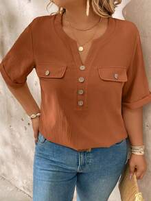 EMERY ROSE Plus Size Casual Notched Collar Wood Button Decor Short Sleeve Shirt - Rust Brown - View 4