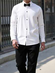 SHEIN 1 件青少年男孩绅士风格米色百搭修身长袖衬衫，优雅学院风个性化休闲外套，适合婚礼、婚礼嘉宾、花童、戒童、返校季 - 白色 - 查看 3