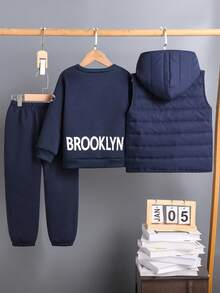 SHEIN 3pcs/Set Young Boy Cotton Padded Vest + Fleece Sweatshirt Fall Winter - Navy Blue - View 2