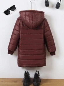 SHEIN Girls' Zip-Up Hooded Plush Lined Padded Coat, Back To School Season Fall Winter - Chocolate Brown - View 2