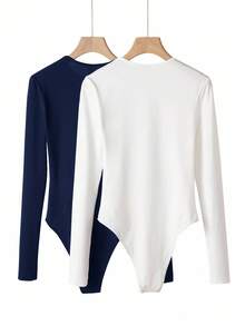 SHEIN BASICS 2件/組 女款休閒素色針織圓領長袖連身衣，黑色與白色連身衣 - 藏蓝色 - 查看 7