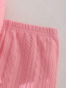 Girls Casual Elegant Daily Round Neck Raglan Long Sleeve Ruffle Waist Bow Textured Fabric T-Shirt With Elastic Waist Solid Color Pants Set, Suitable For All Seasons Fall Winter - Pink - View 6