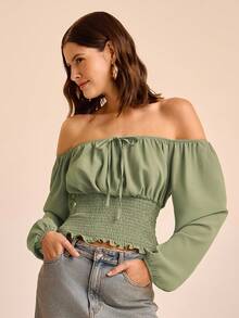 CAJUNI Top femme à une épaule, manches bouffantes et lanterne, épaules dénudées, en mousseline texturée. Élégant, décontracté, rétro, idéal pour les vacances