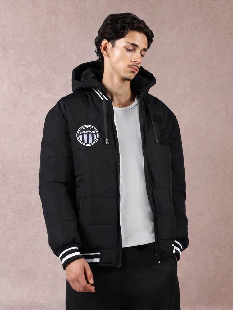 Quilted Varsity Bomber Jacket With Hood And Badge